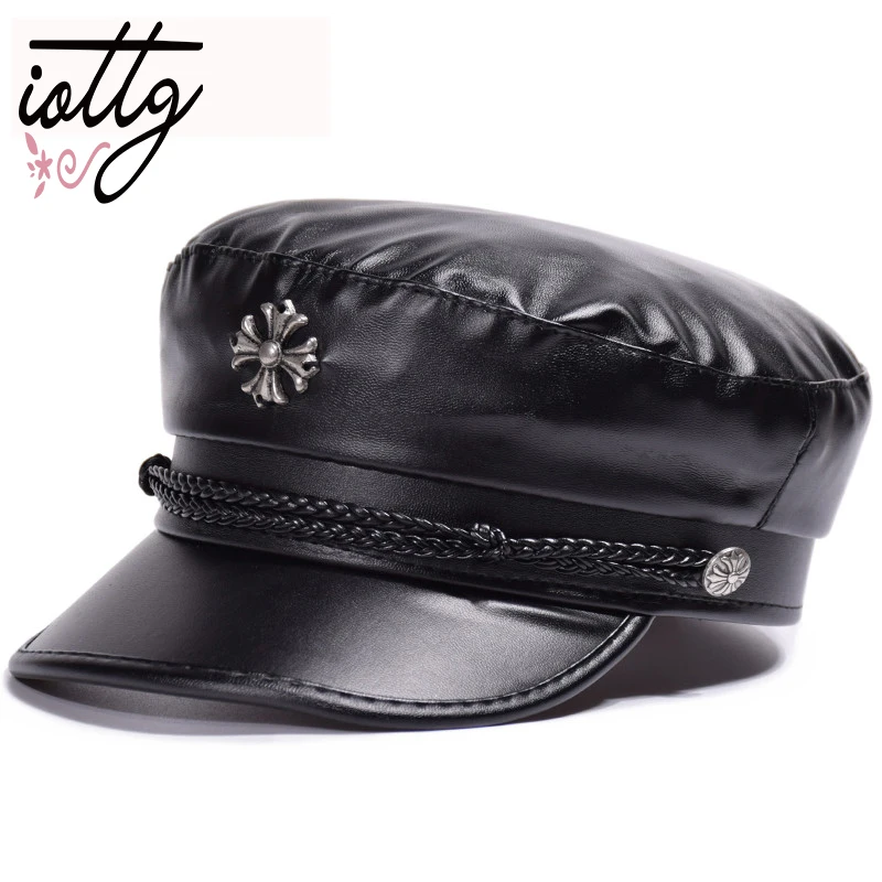 IOTTG новая зимняя шапка ретро кожаный берет Шапки для Для женщин зимние Утепленная одежда плоская шляпа женские Высокое качество модная