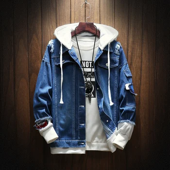 

Men Jackets Spring Autumn Fake Two Pieces Patchwork Denim Hooded Jacket Causal Worn Hole Coat Outwear Male