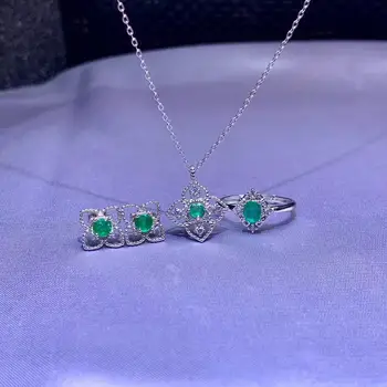 

Natural green Emerald ring Pendant Natural Gemstone Jewelry Set S925 Silver Restoring Hollowing Clover Women party gift jewelry