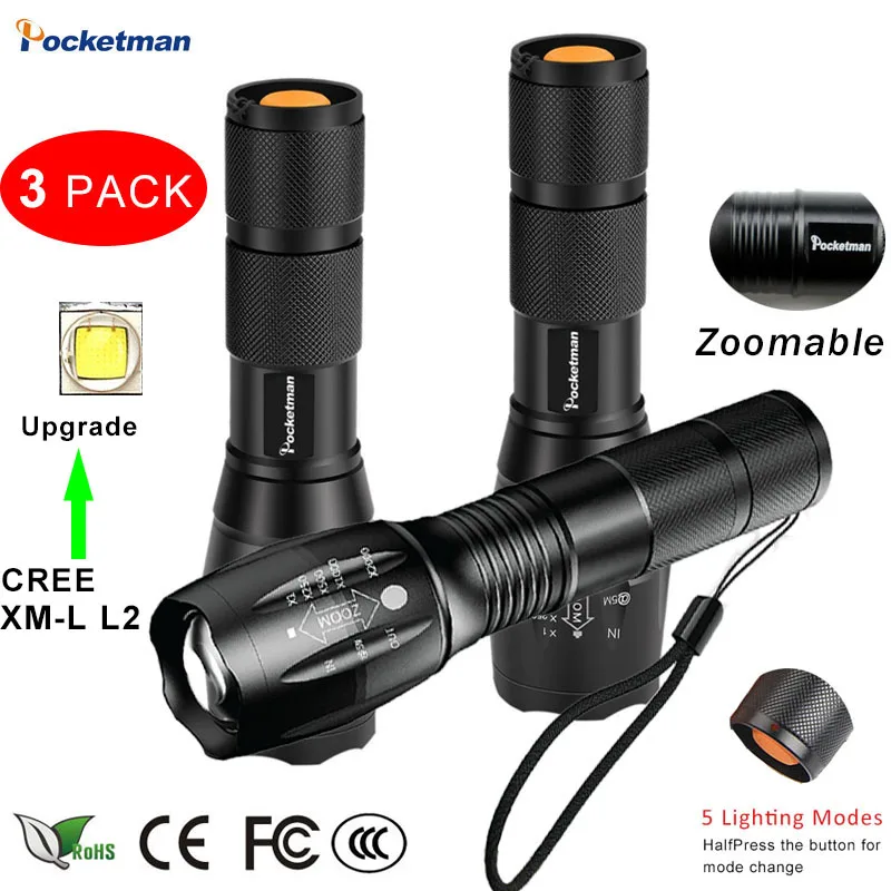 Beste 3 STKS Helderste Tactische Zaklamp 8000LM XML L2 LED Zaklamp Hoge Aangedreven, Zoomable Torch Voor Emergency Camping Wandelen