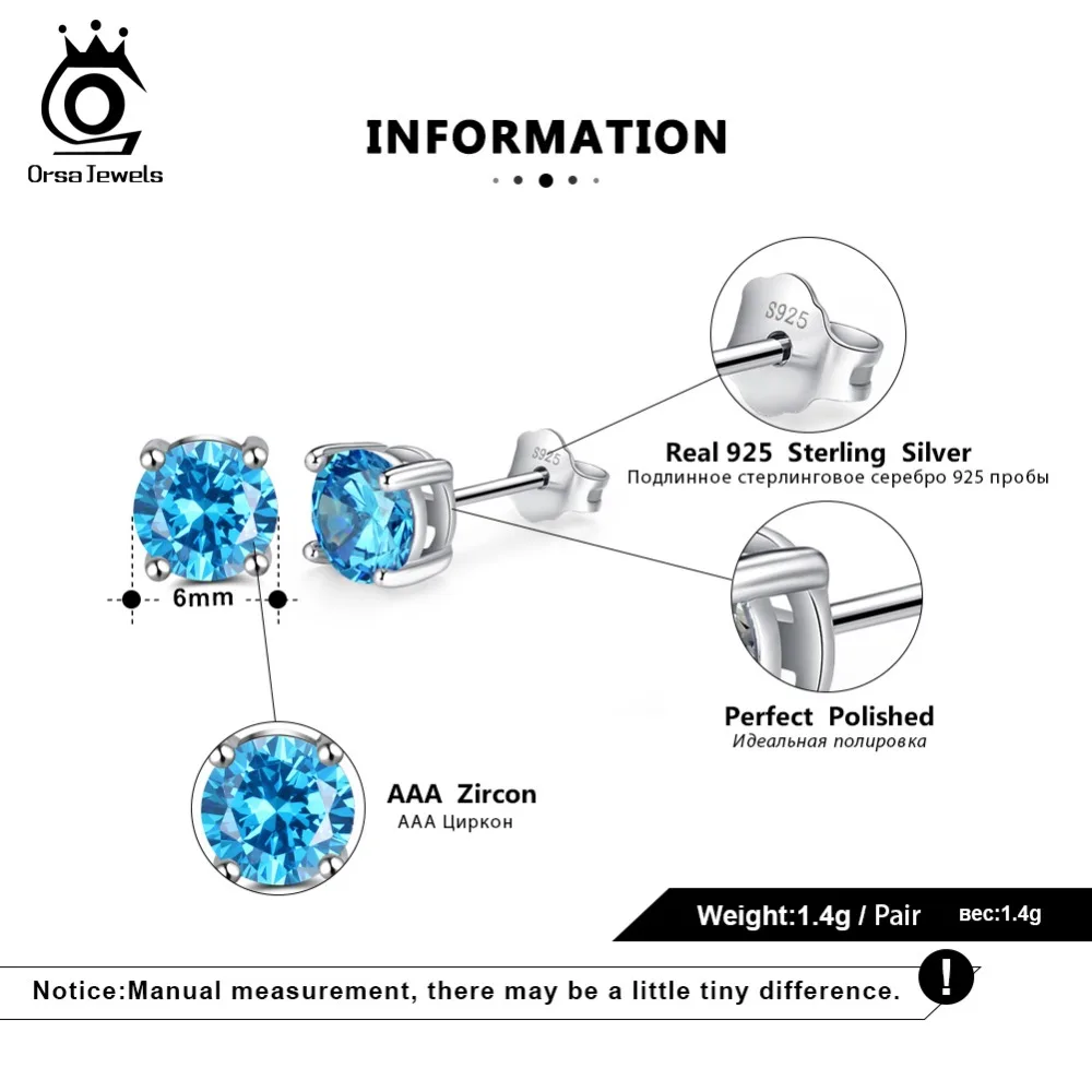 ORSA JEWELS 12 цветов серьги гвоздики для женщин из стерлингового серебра 925 пробы с