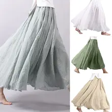 Женская льняная длинная юбка макси с высокой талией расклешённая и в складку свободная длинная юбка Повседневная Женская одежда