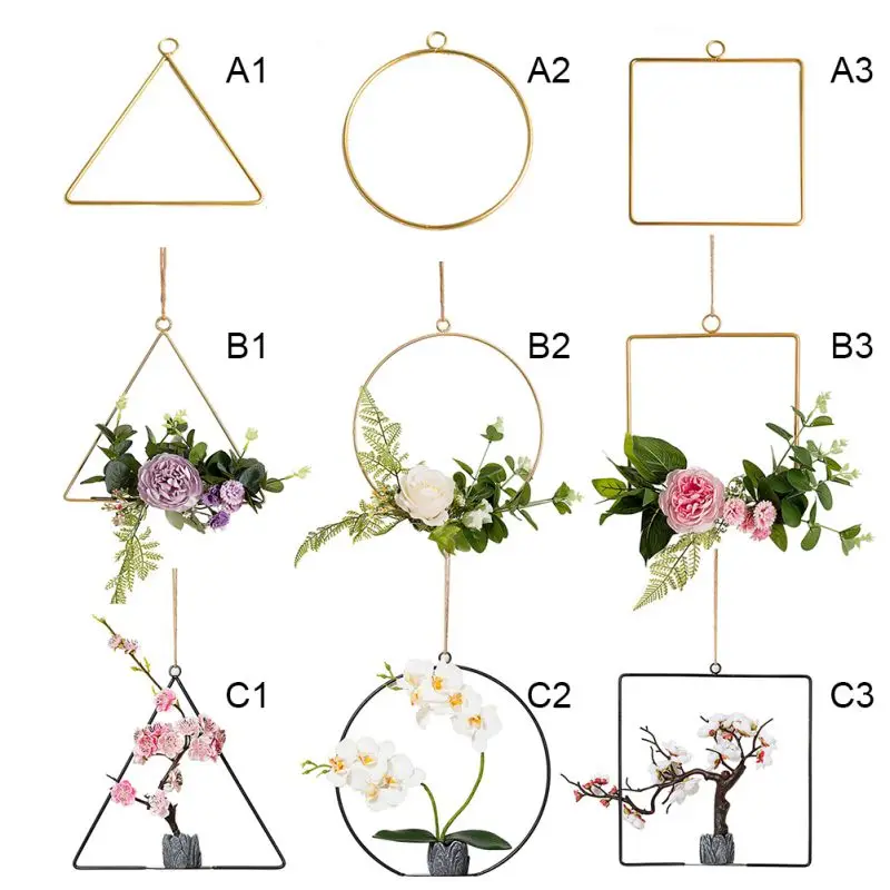 

New Geometric Metal Wire Wreath Hoop Frame Artificial Flower Container Garland Wall Hanging Decorations Wedding Party Decor