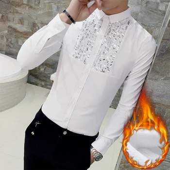 

Loldeal Mens Premium Casual Inner Contrast Dress Shirt Plus Velvet Thick Sequin Shirts Black White Long Sleeve Marriage Prom