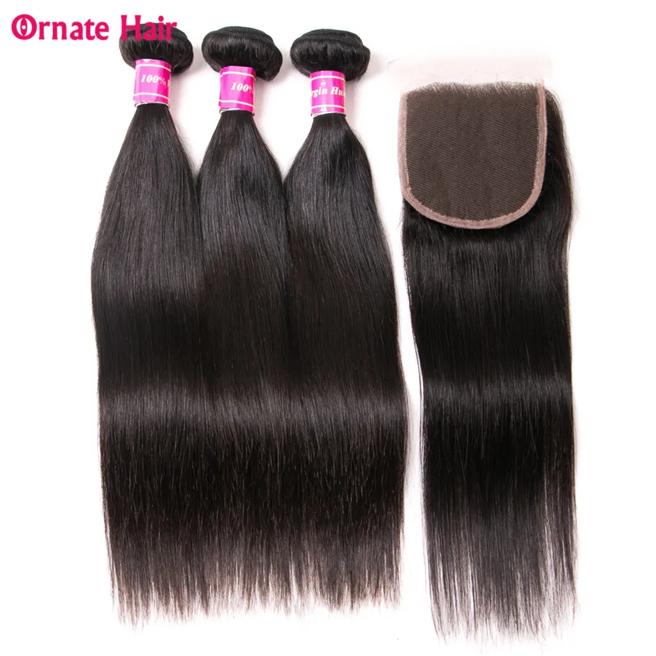Ornate Hair Brazilian Straight Hair Extension 100% Human Hair Bundles With Closure Weave Bundles With Lace Closure Non Remy Hair