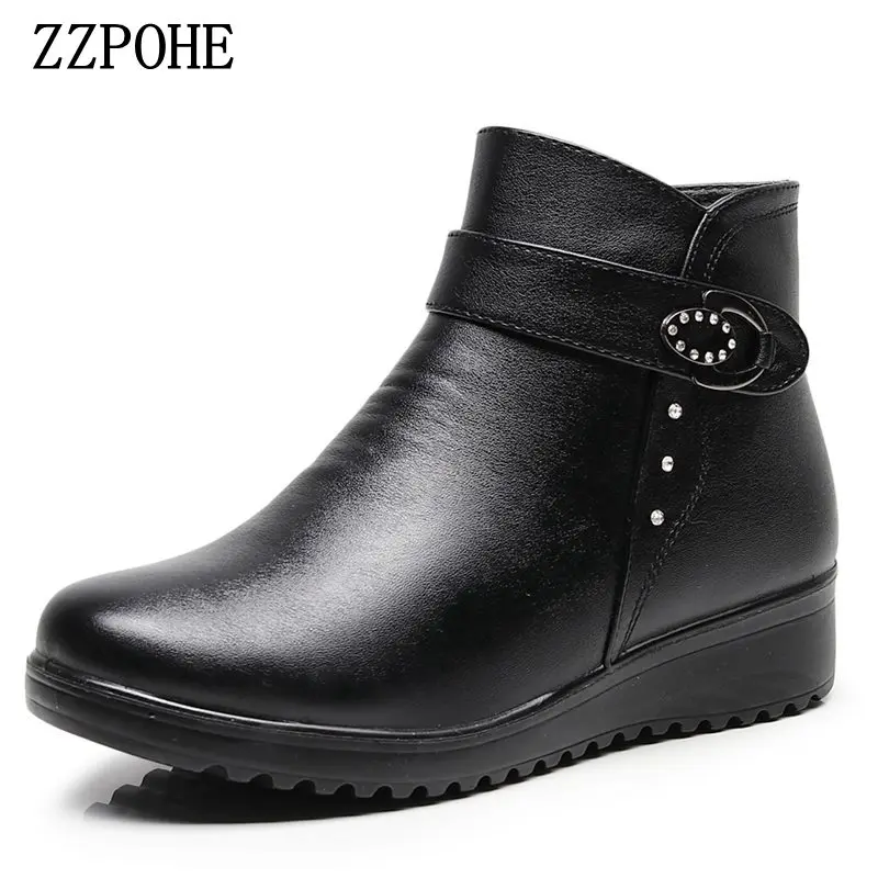 

ZZPOHE Fashion Winter Boots Women Leather Ankle Warm Non-slip Boots Mom plush wedge shoes Woman shoes Big Size 35-41