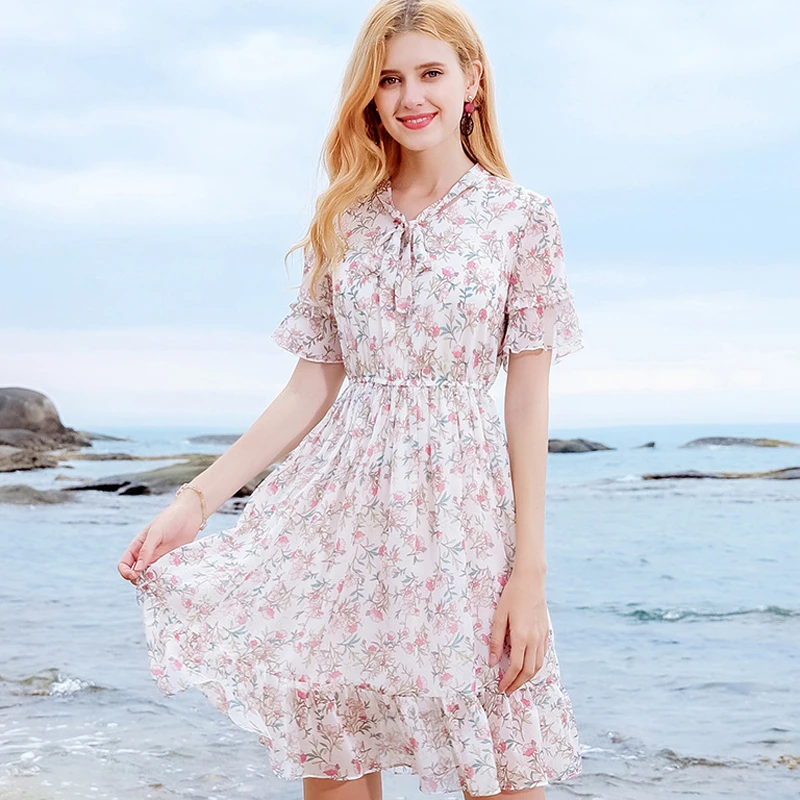 Boho женское летнее шифоновое платье с v образным вырезом и бантом расклешенными