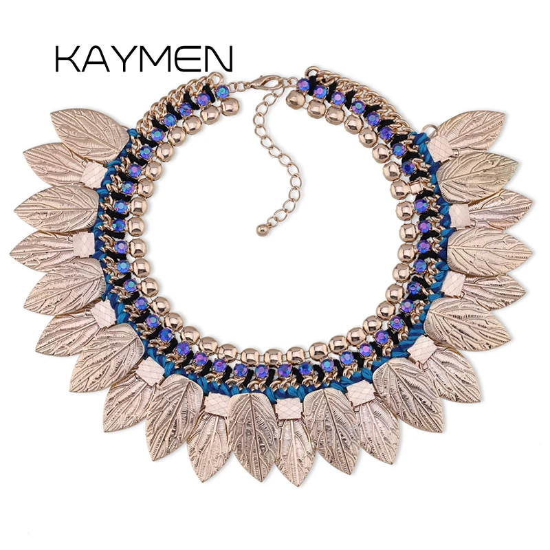 

KAYMEN New Handmade Weaving Statement Leaf Neclace Golden Plated Inlaid Rhinestones Chokers Necklace for Women Party Jewelry