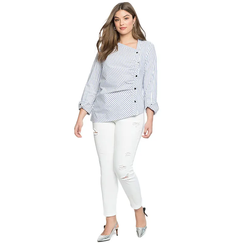 Najtaniej Kissmilk Plus Size Sunmer topy dla Office Lady 2018 dekolt w paski bluzka damska asymetryczna Casualbottom Shirt New Arrive