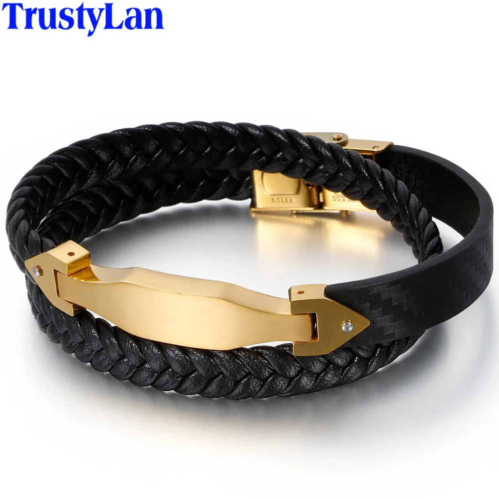 

Men's Double Layer Black Braided Leather Bracelet For Men Gold Stainless Steel Mens Wrap Bracelets & Bangles Friendship Jewelry