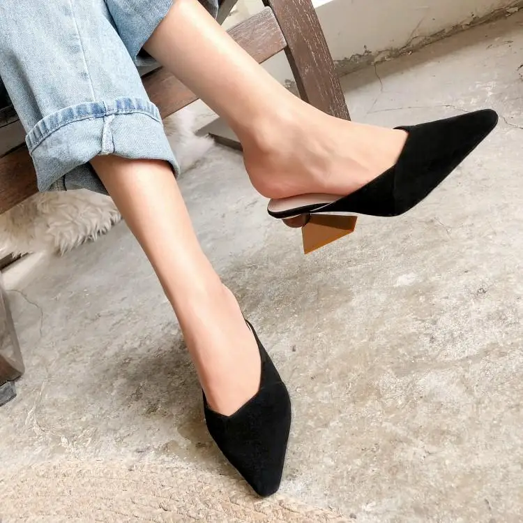 

Solid Black Beige Suede Slippers Women Pointed Toe Shallow Slip On Ladies Mules Strange Block Heels Shoes Woman Slingbacks Brand