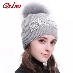 Geebro Для женщин Pearl Beanie Шапки с натуральным мехом Помпоном зимние вязаные кашемир с напуском шапочки Skullies gorros mujer invierno