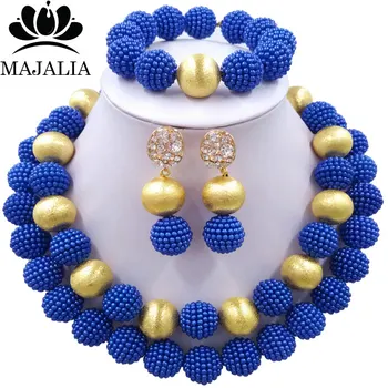 

Majalia Charming Nigerian Wedding African Pearl Jewelery Set Royal blue Crystal Plastic Pearl Necklace Bride Jewelry Set 2LS008