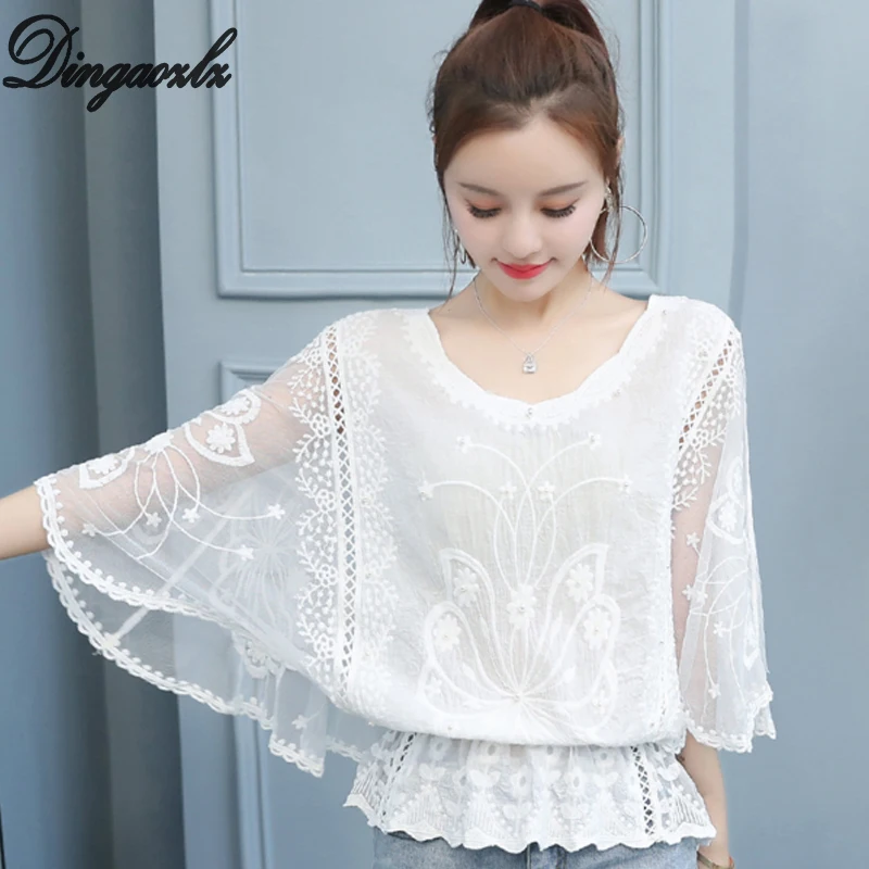 Dingaozlz сексуальные открытые кружевные топы новая корейская мода женская блузка Элегантная Женская Офисная рубашка - Цвет: white
