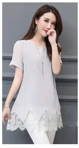 Длинная туника, топы 5XL 4XL 3XL размера плюс для женщин, короткий рукав, пэтчворк, имитация двух частей, ажурный, вязанный кружевной топ, блузка, рубашки - Цвет: Gray