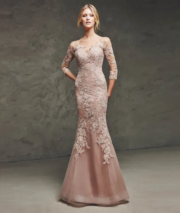 Elegant Pink Lace Mermaid Evening Dresses With Sleeves 2016 Custom See Through Party Prom Formal 
