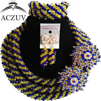 

ACZUV Royal Blue Yellow Crystal Jewelry Set Nigerian Wedding Accessories African Necklace and Earrings Bracelet Sets A3R014