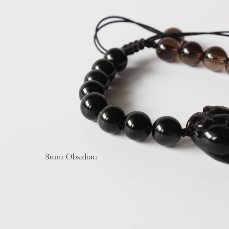 Günstig Großhandel Chinesische Traditionelle Pixiu Drache Schwarz Obsidian Mit Smoky kristall Perlen Herren Armband Glück Schmuck Einstellbare Größe