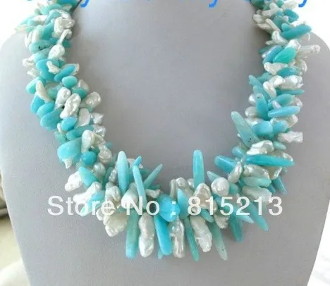

FREE SHIPPING>>>@@ > N563 3Strands White Keishi Keshi Biwa Pearl&Stick Amazonite Necklace Shell Clasp