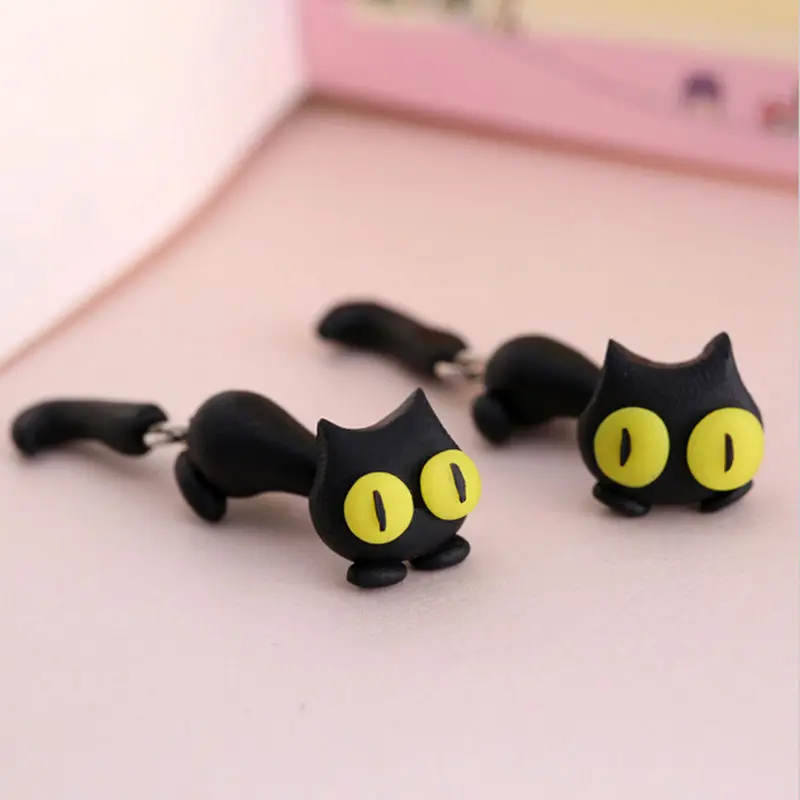 

Hot Selling 1 pair Handmade Polymer Clay Cute Cat Animal Stud Earrings Ear Stud Jewelry Brincos Yellow Green Eyes Drop Shipping