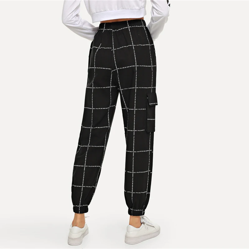 ROMWE штаны с карманами и буквенным принтом модные весенние осенние укороченные штаны с эластичной талией женские клетчатые брюки со средней талией