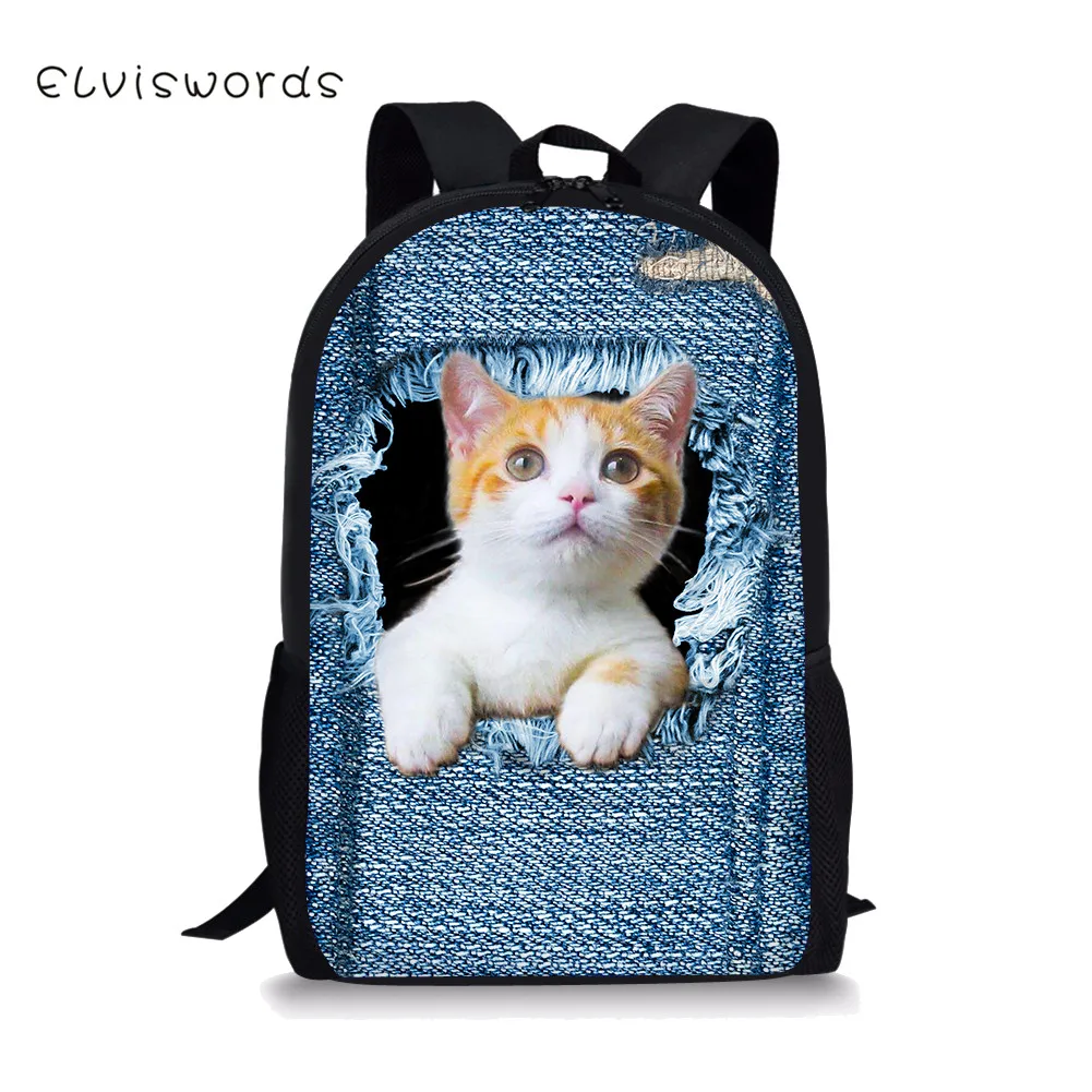 

ELVISWORDS Cat Dog Backpack For Teenager Girls Boys Cute 3D Printing Kids Schoolbag Backpacks Casual Women Travel Rucksack
