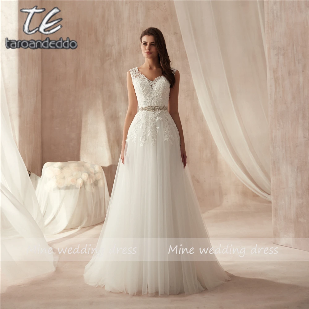 ^Cheap 2019 Nieuwe Collectie V-hals Hoge Kwaliteit Kant Applique Trouwjurk Kralen Sash A-lijn Bruidsjurken vestido de casamento