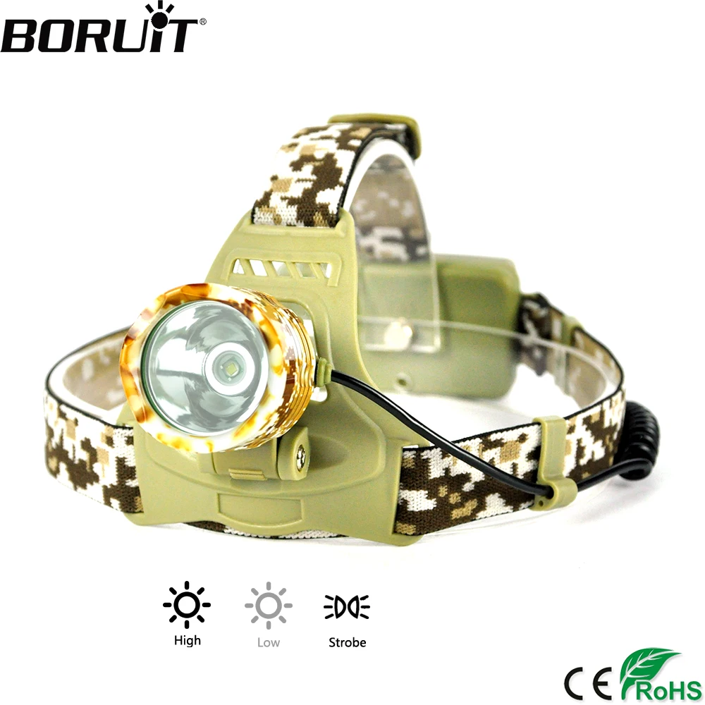 buy BORUiT 3000LM T6 LED Headlight 18650 Battery Headlamp Military Camouflage Head Torch 3 Mode Waterproof Flashlight