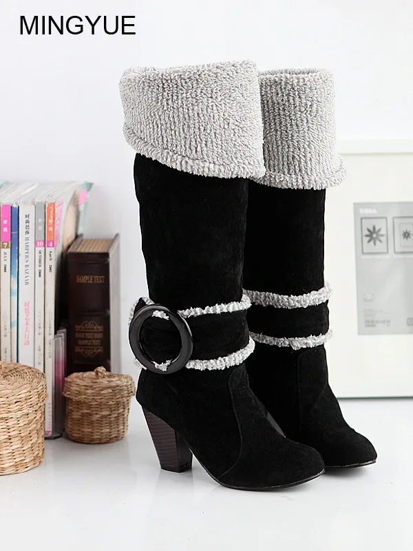 

Women's Flock Bucle Riding Boots Shoes Winter Plus Size 34-43 Long Plush Padded Warm High Heels Motorcycle Boots Shoes