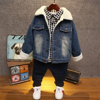 

Winter Boys Clothing Sets Kids Plush denim jacket + plush shirt + plush pants 3Pcs Children Sport Suits Baby Boys Clothes Set