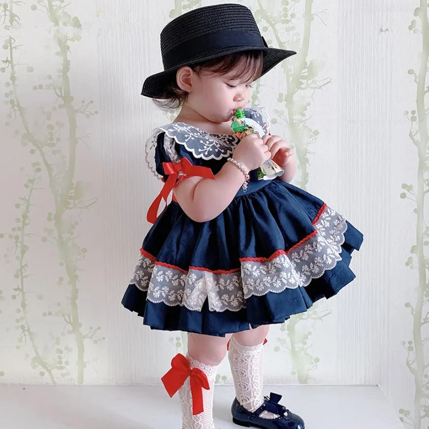 4 предмета, г. Летнее платье в стиле испанской Лолиты для девочек, темно-синее платье принцессы с короткими рукавами детское праздничное платье на день рождения, vestidos, Y1224 - Цвет: Navy