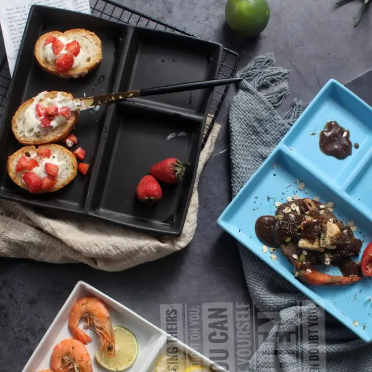 

Shiny Porcela.Creative Square Plate, Ceramic Plate, Three-Square European Restaurant Tableware, Dinner Plate and Vegetable Plate
