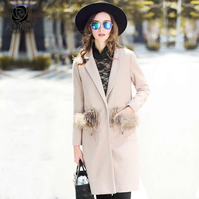 

AOFULI Drawstring Women Thick Winter Woolen Coat Long Sleeve Fur Pocket Tops Turn-down Collar Long Outwear M- XXXL 4XL 5XL A2474