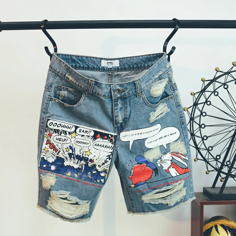 Jean Shorts Men Ulzzang Points 2018 Trousers Summer Pattern Knee Length Medium Zipper Fly Midweight Jeans Dsq Mens New Sale 