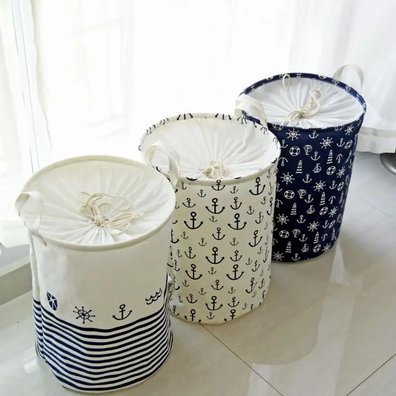 

Large Capacity Storage Basket Dirty Clothes Toy Sundries Cotton Linen Mediterranean Boat Anchor Pattern Storage Bucket