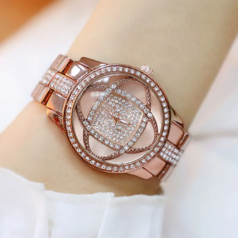 

2019 New Hot Sale Digital Rhinestone Dial with Metal Strap Brown Flower Female Watch Fashion Casual Chronograph