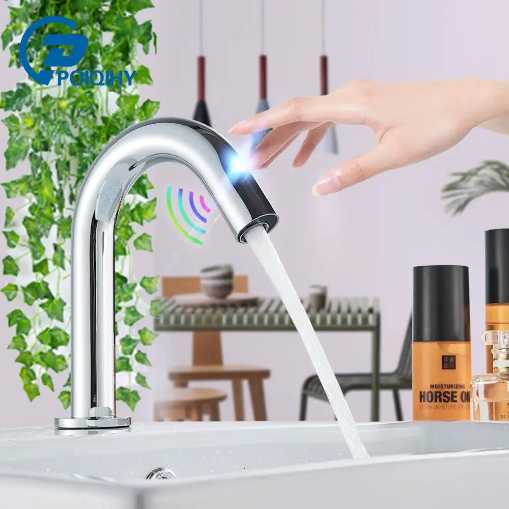 

POIQIHY Chrome Sensor Basin Faucet Wall Mounted Hands Touch sense Faucet Single Hole Bath Faucet Single Cold Water Mixer Tap