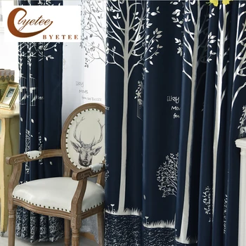 

{byetee} Dark Blue Tree Curtains for Living Room Door Drapes Shade Curtain Modern Kitchen Printing Shade Bedroom Cortinas