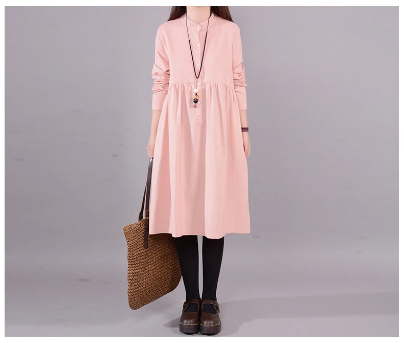 9521 Oversize Dresses Women Long Sleeve Elegant Loose Casual Dress Large Size Solid Button Vintage Cotton Linen Dress Vestidos Mujer 4