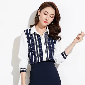 

Makuluya Office Lady Casual Spring Women Plaid Chiffon Spot Dot Collar Patchwork Female Blouse Vintage WHITE Shirts Tops Girl QW