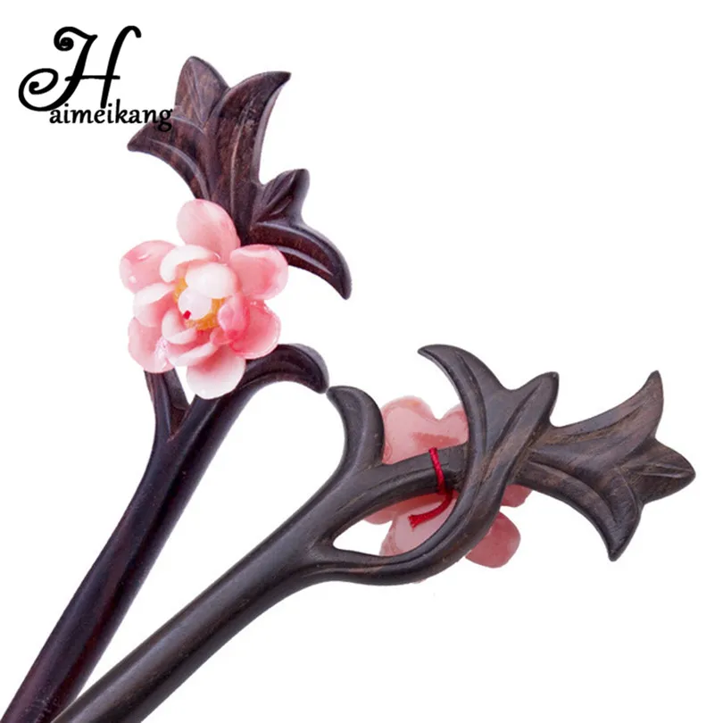 

Bride Retro Wedding Headwear Vanilla Flower Handmade Carved Ebony Hair Stick Women Ancient Wooden Hairpin Hair Accessories