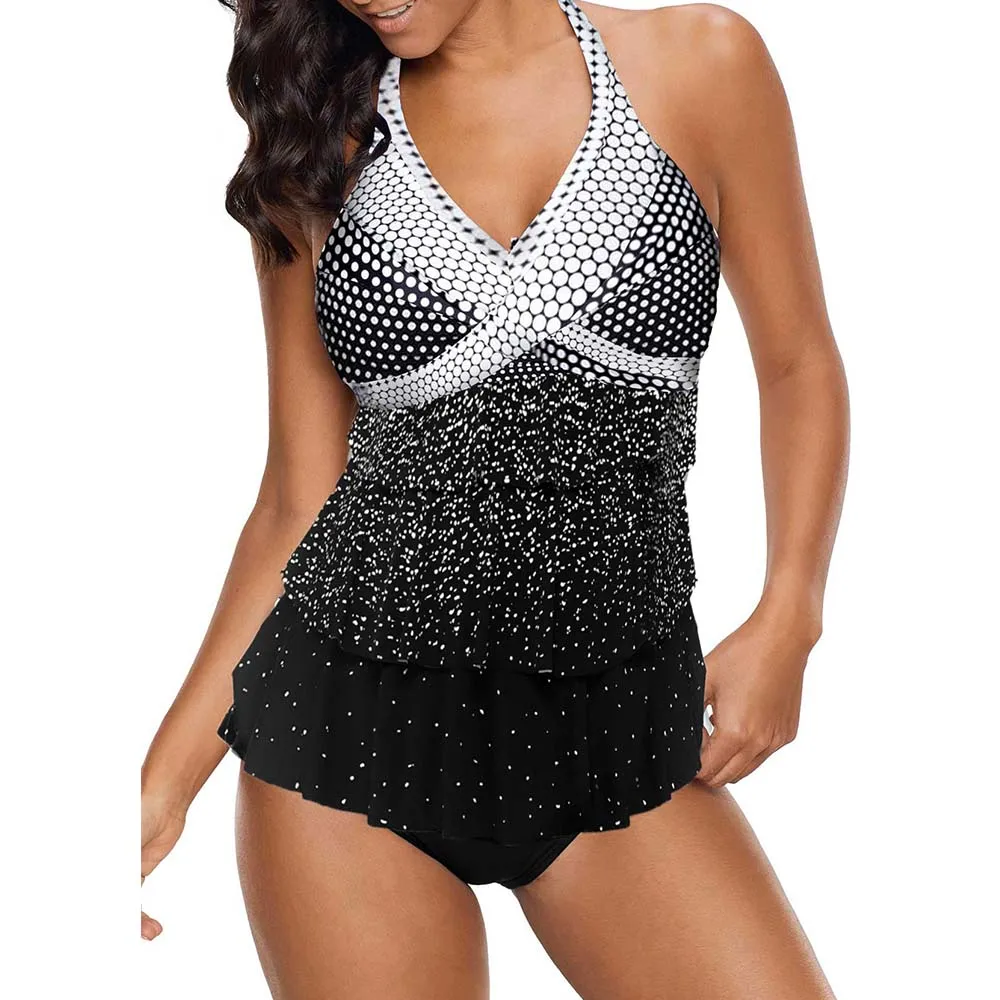 

2019 Women Sexy Black Push Up Bikini Tankini Halter 2 Pcs Swimsuit Ruffle Polka Dots Swimwear Dress Bathing Suit Skirt Plus Size