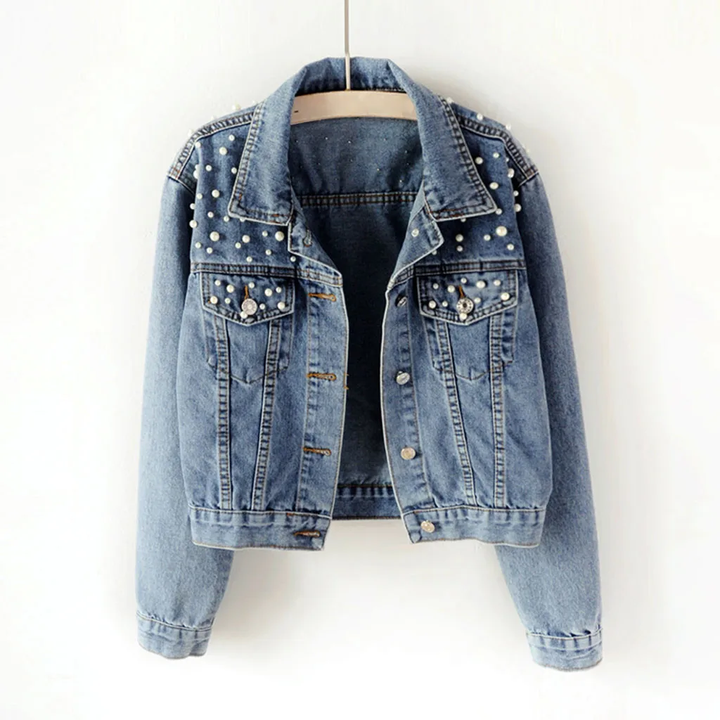 

Women's jeans jacket Blue Long Sleeve cropped denim womens jackets and coats 2019 Pocket Beading Casual Short Outwear jaqueta