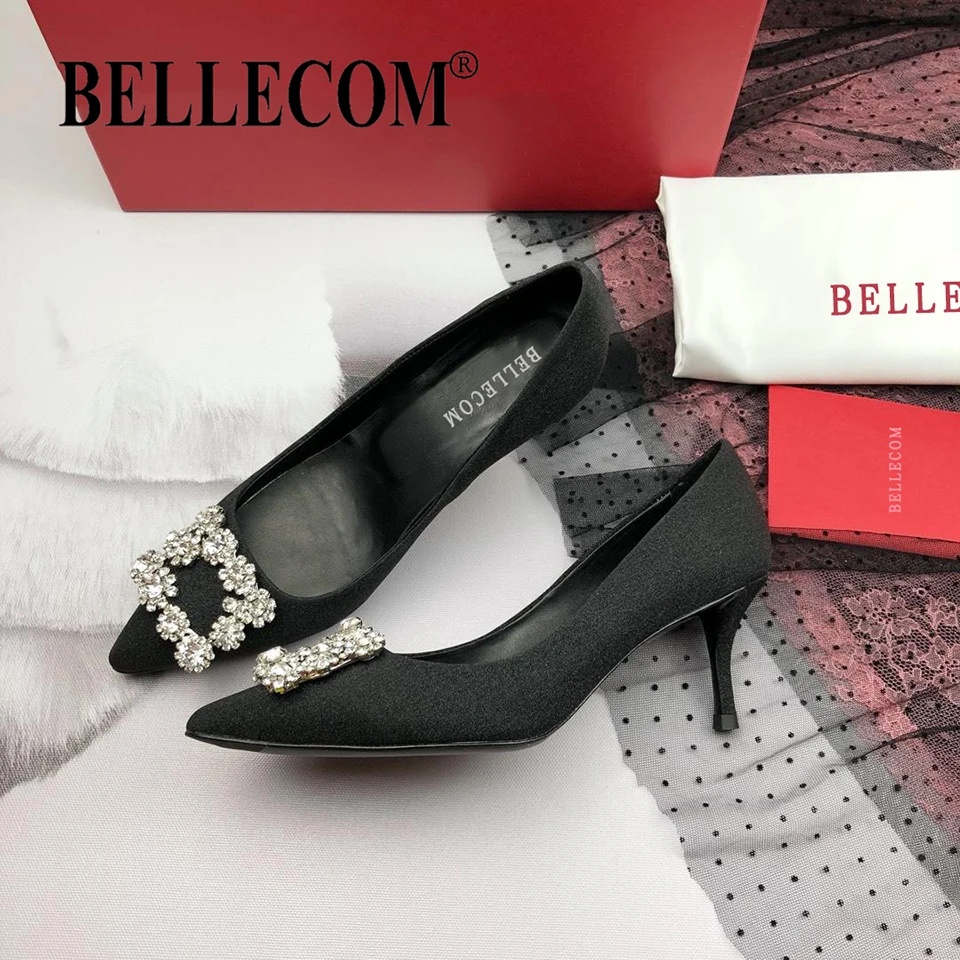

BELLECOM 2019 Autumn New Women's Shoes Water Drill Square Button Slender High-heeled Shoes Shallow Point Sexy Single Shoes