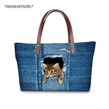 

TWOHEARTSGIRL Trendy Fashion Women Handbags Cute Blue Denim Jeans Cat Shoulder Bags Soft Casual Ladies Neoprene Top-handle Bags