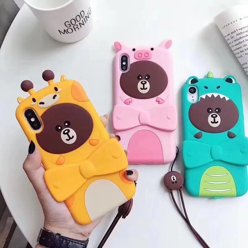 

Marchcover New for iPhone 8 7 6 6s plus case for iPhone X XS Max XR Bear Cute cartoon cover bowknot kickstand long strap
