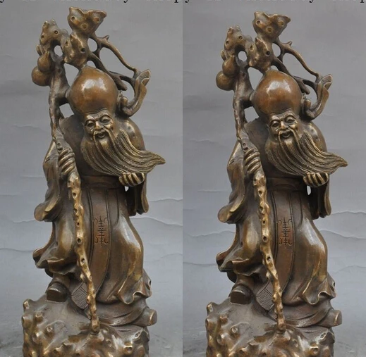 

bi003862 Chinese Bronze Taoism Longevity Shouxing God Hold Crutch Gourd auspicious Statue