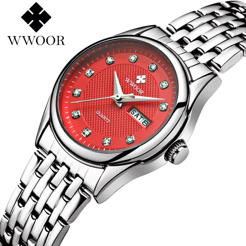 WWOOR кварцевые аналоговые стальные часы брендовые роскошные женские 50 м водонепроницаемые часы с датой Женские повседневные спортивные наручные часы Montre Femme