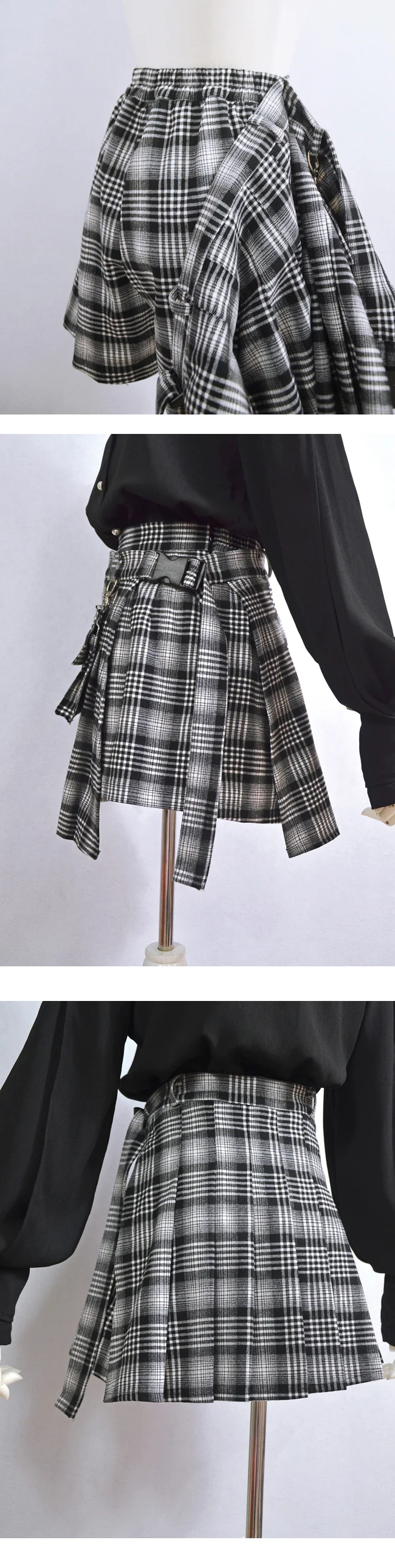 Уличная одежда в стиле Харадзюку темно-девичья юбка-карго с высокой талией со съемным карманом-цепочкой мини плиссированные юбки в клетку jupe femme