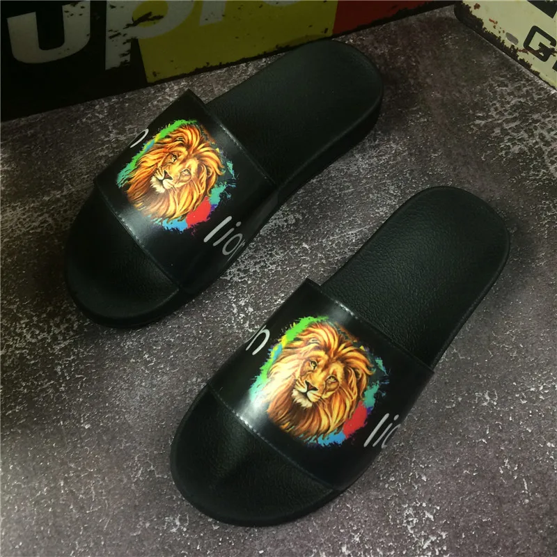

2019 Summer Leather Men Mens Flip Flops Lion Anti-slip Funny Printed Animal Zebra Male Beach Slippers Slides Home Bathroom Shoes
